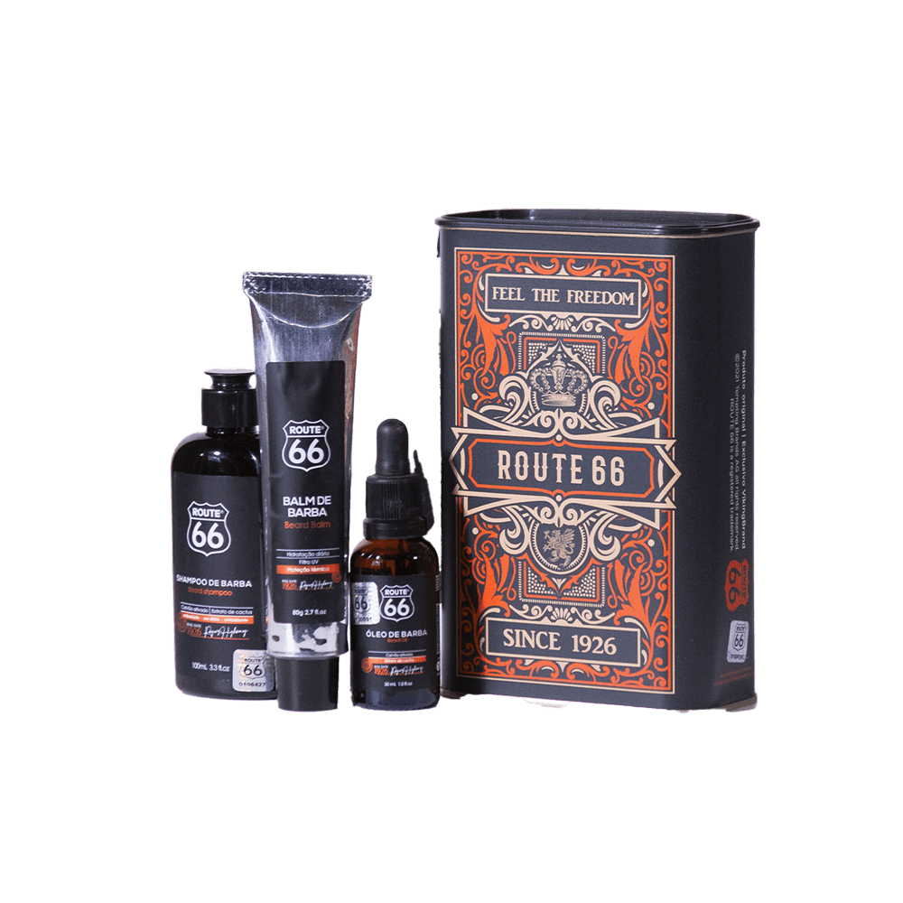 Kit de Barba na Lata Route 66 Viking Balm de Barba + Óleo para Barba + Shampoo de Barba