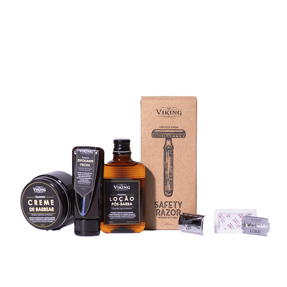 Combo de Barbear Clássico Viking Creme de Barbear + Esfoliante Facial + Loção Pós-Barba + Aparelho de Barbear + Lâmina