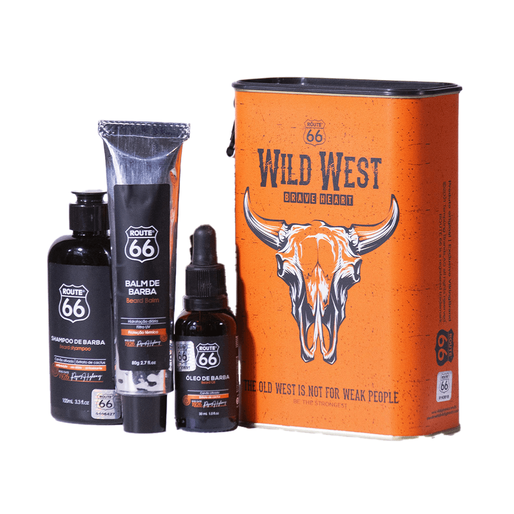 Kit de Barba na Lata Wild West Route 66 Viking Shampoo de Barba + Balm de Barba + Óleo de Barba + Lata Temática