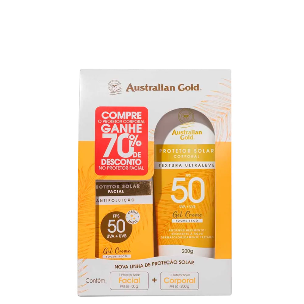 Kit Protetor Solar Australian Gold Protetor Facial Fps 50 50 G + Protetor Corporal Gel Creme Fps 50 200 G