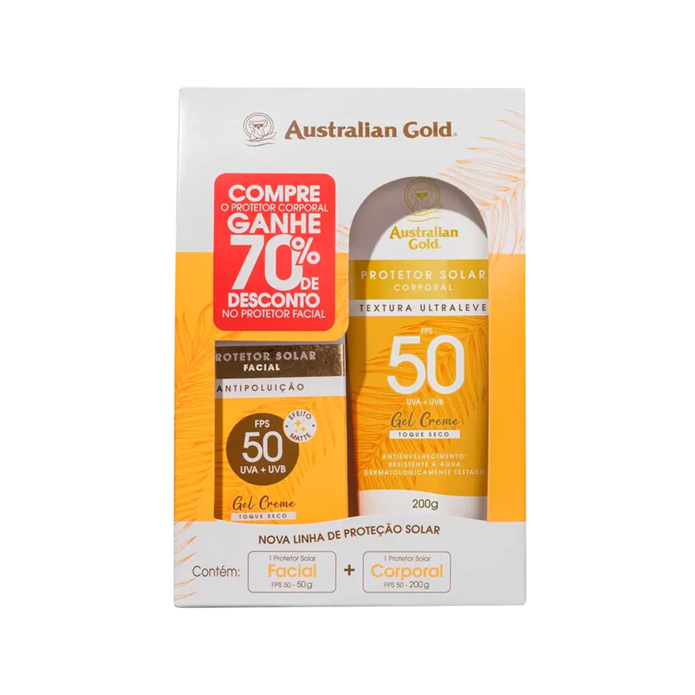 Kit Protetor Solar Australian Gold Protetor Facial FPS 50 50 g + Protetor Corporal Gel Creme FPS 50 200 g