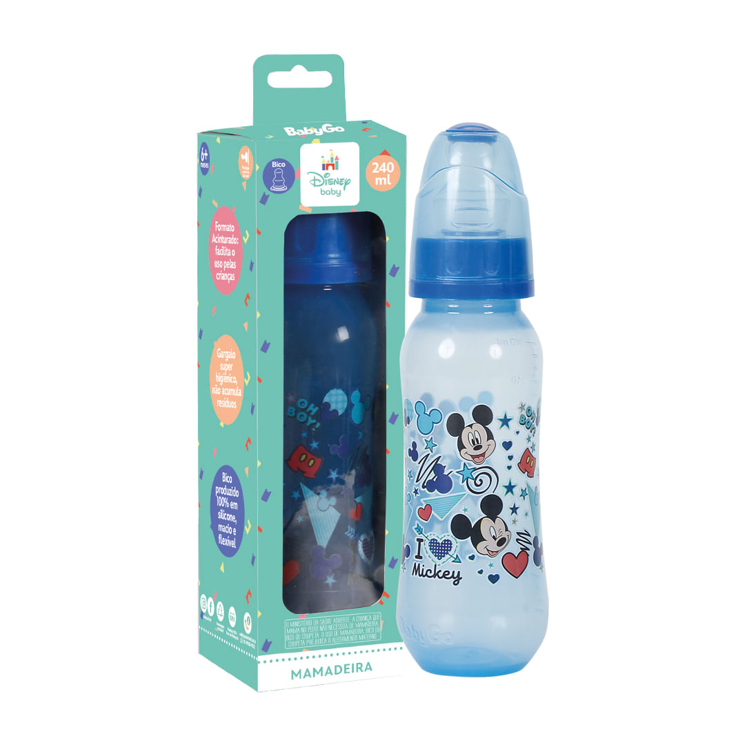 Mamadeira Primeiros Passos Bico Macio 240ml Azul Mickey.