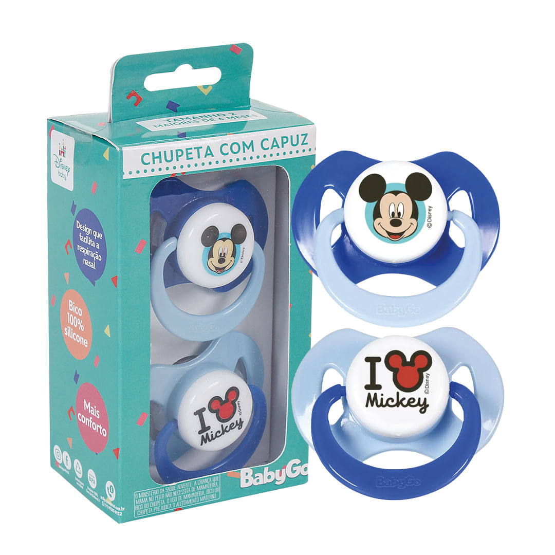 Chupeta T1 Mickey Azul Menino Com Capuz E Bico De Silicone Ortodontico De 0 A 6 Meses 2 Unidades Disney