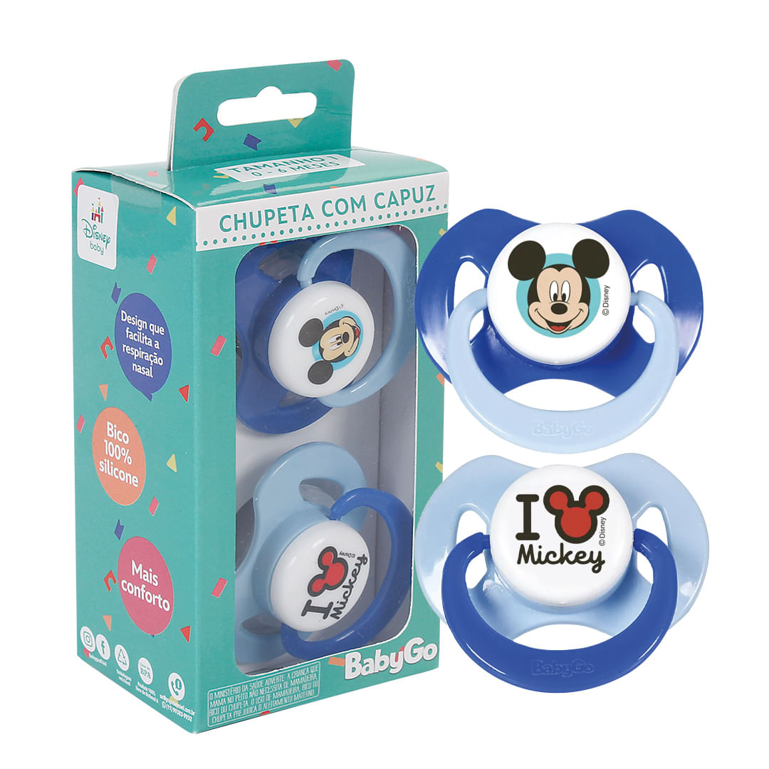Chupeta T2 Mickey Azul Menino Com Capuz e Bico de Silicone Ortodontico +6 Meses 2 unidades Disney