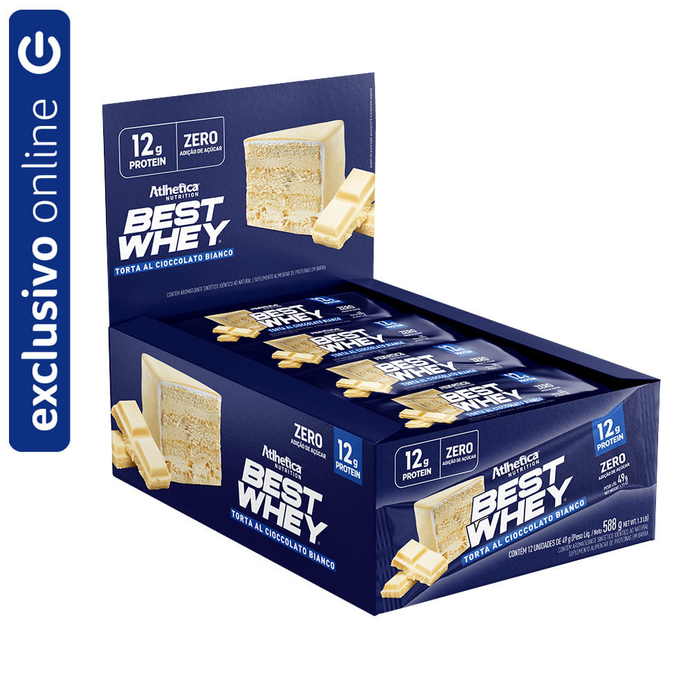 Barrinha Proteica Best Whey Bar 12g Torta Cioccolato Bianco Atlhetica Nutrition Display 12 unidades de 49g