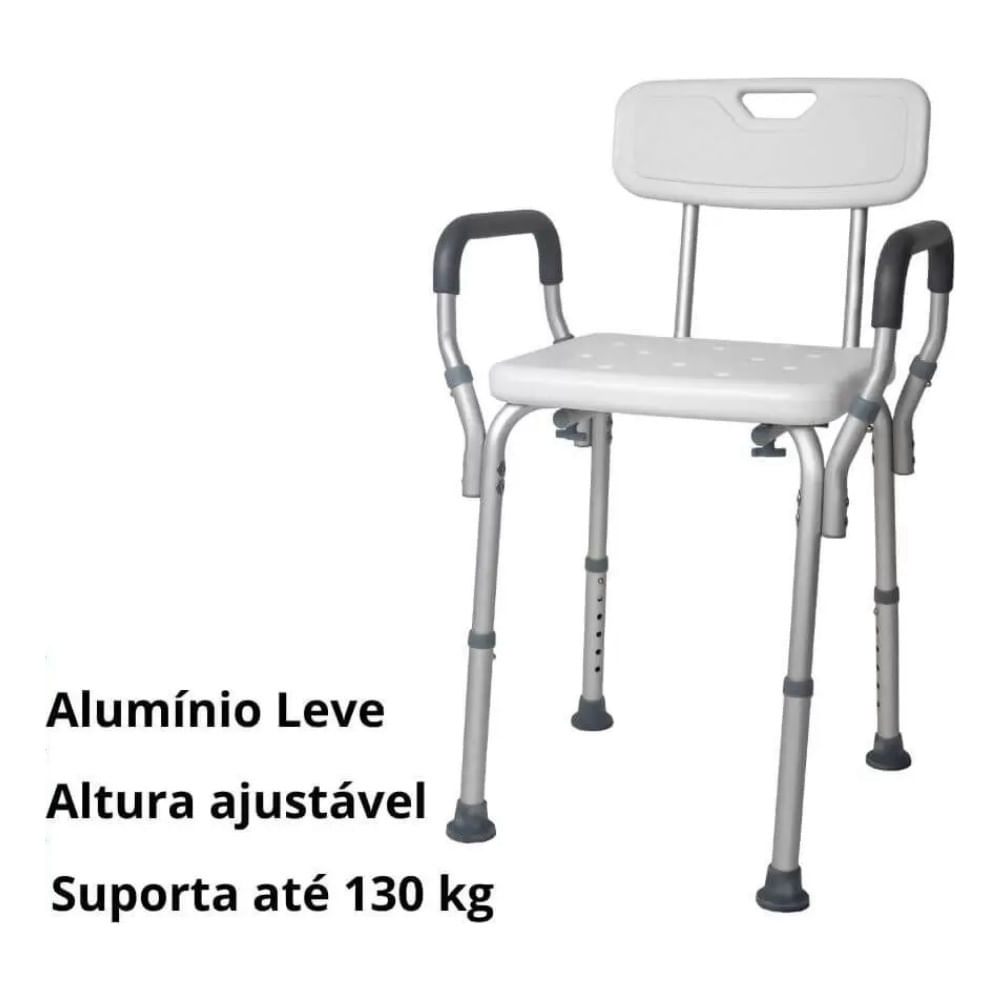 Banco/Banqueta para Banho Ajustável com Encosto e Braço em Alumínio para 130 kg modelo SC202 - Hidrolight