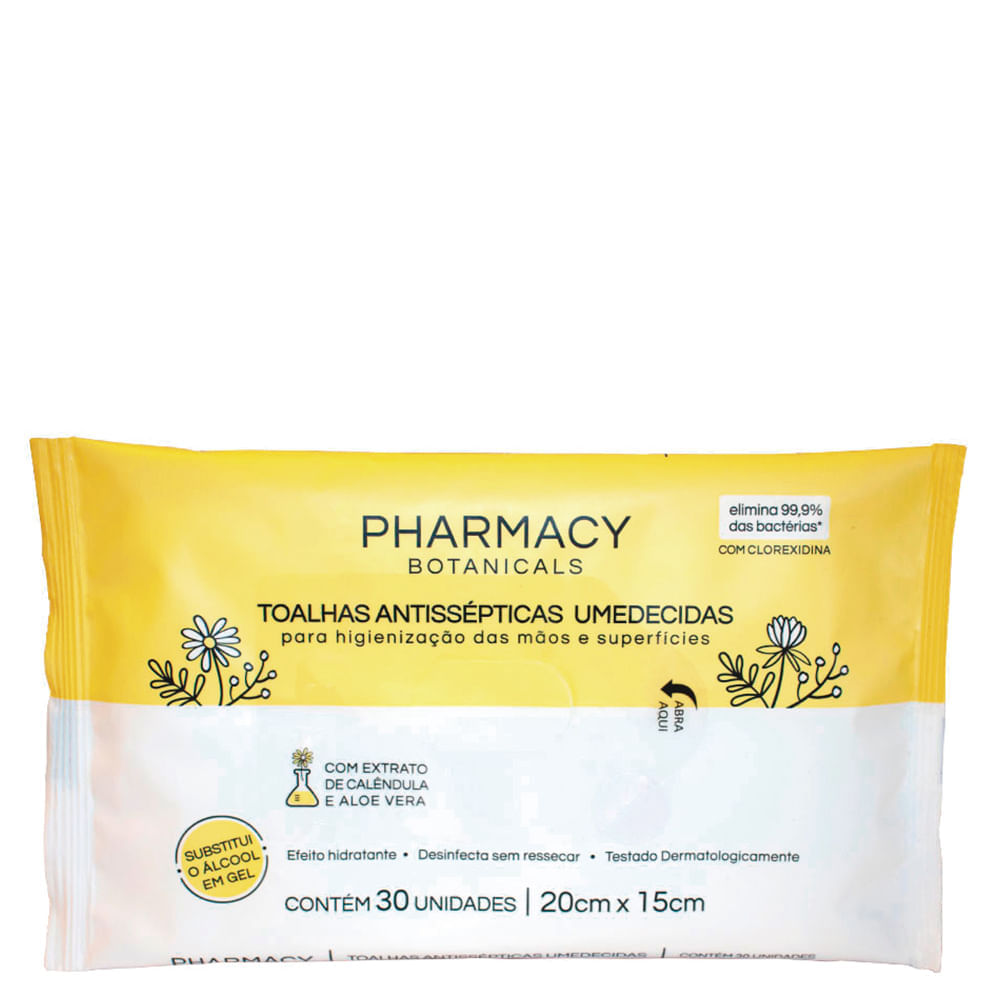 Toalhas Umedecidas Antissépticas Pharmacy Botanicals - 30 Unidades