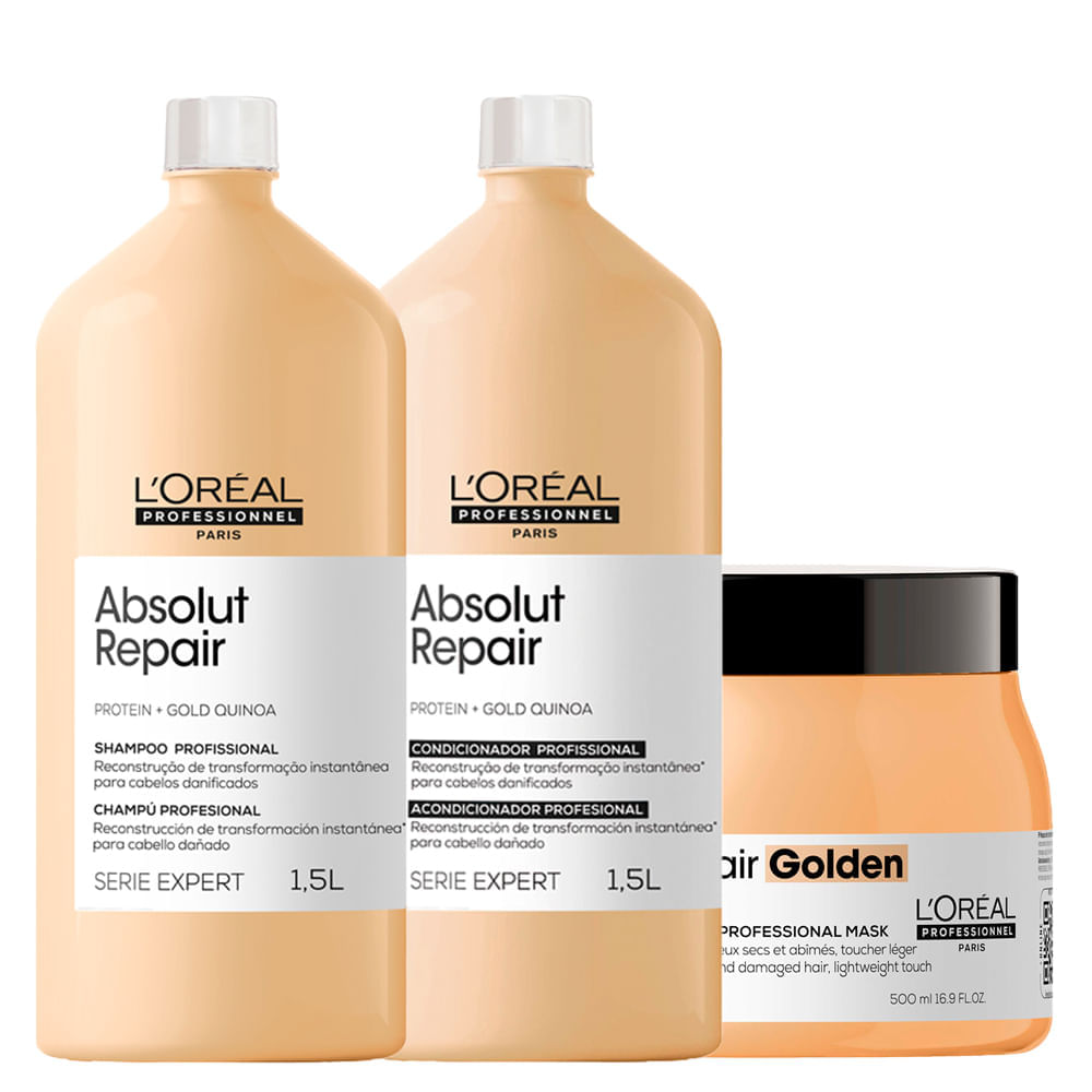 Kit L'Oréal Professionnel Serie Expert Absolut Repair Gold Quinoa – Shampoo 1500 ml + Condicionador 1500 ml + Máscara 500 g