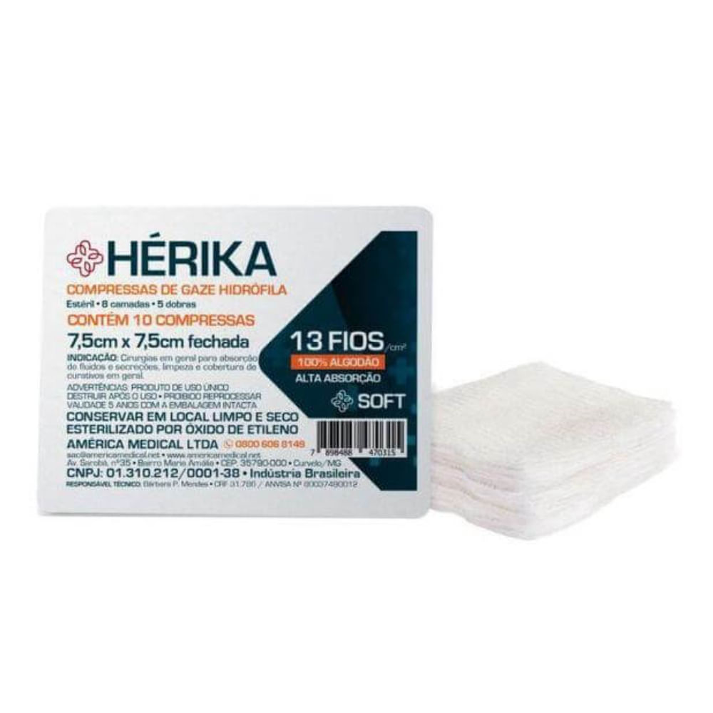 Compressa De Gaze Estéril 13 Fios Hérika 10un