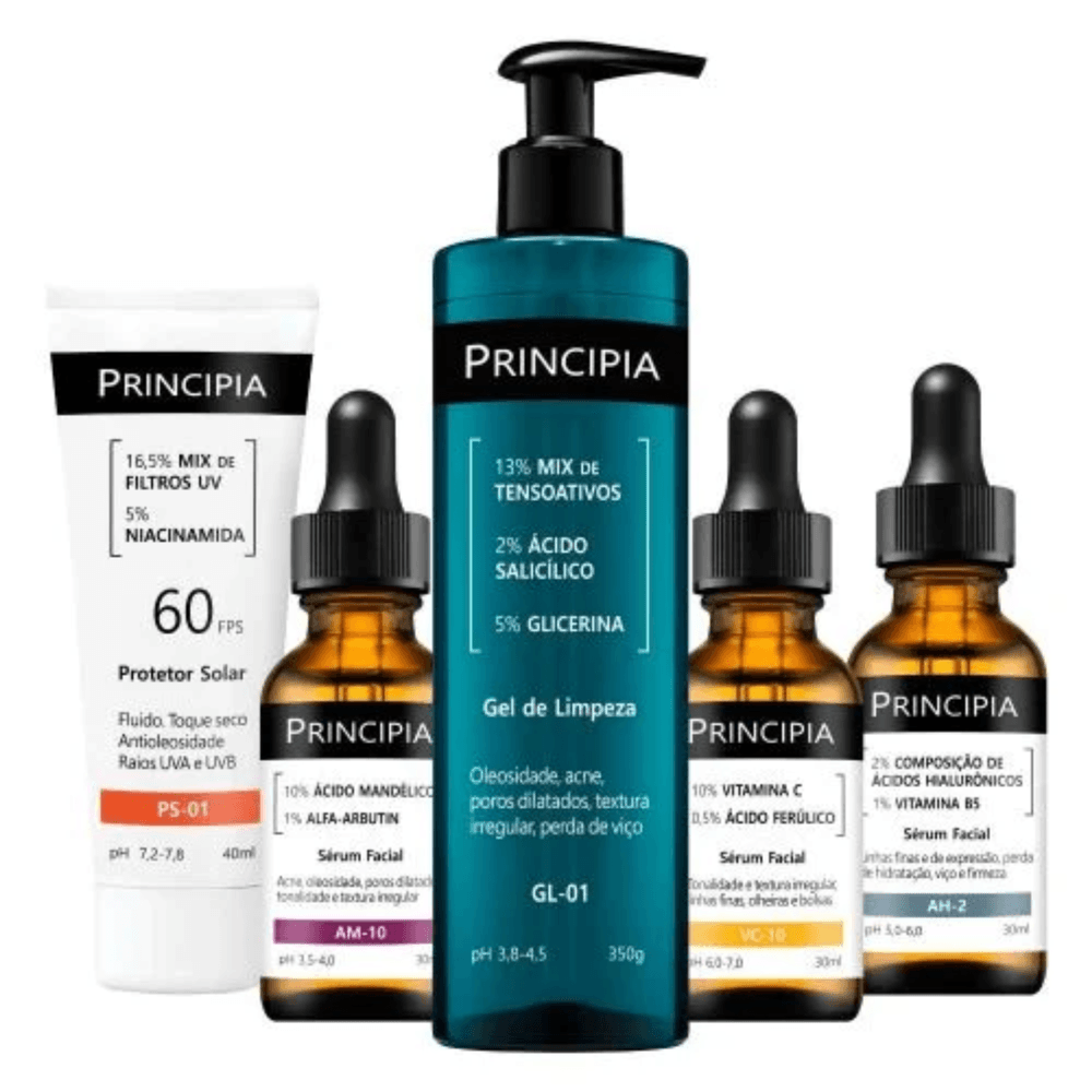 Kit Avançado Principia Protetor Solar 40ml + Gel de Limpeza 350g + 3 Sérum 30ml Cada