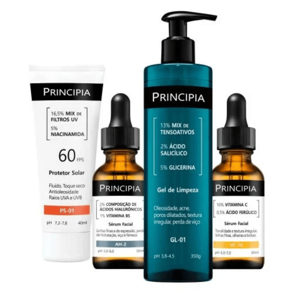 Kit Essencial Principia Protetor Solar 40ml + Gel de Limpeza 350g + 2 Sérum 30ml Cada