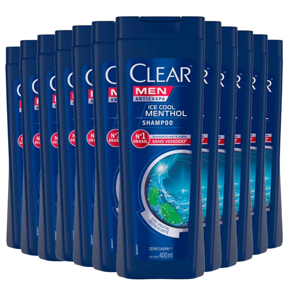Kit Shampoo Anticaspa Clear Men Ice Cool Menthol 400mL 12 Unidades