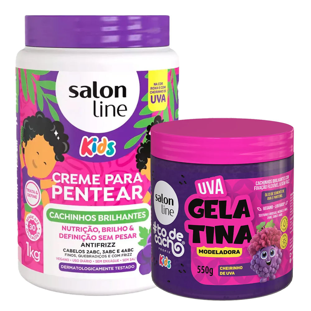 Kit Creme Pentear Salon Line Cachinhos Kids Cheirinho Uva 1kg + Gelatina Salon Line Todecacho Kids Modeladora Uva 550g