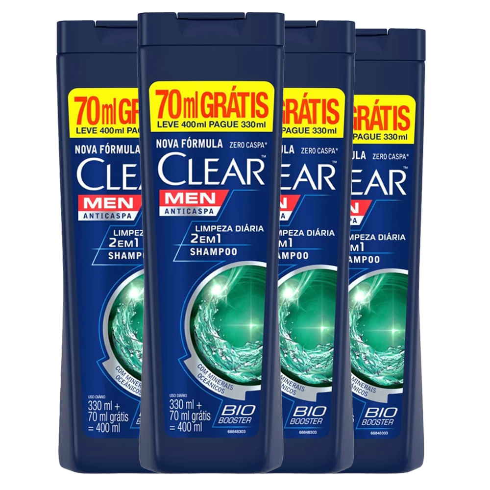 Kit Shampoo Clear AntiCaspa Limpeza Diária 2 Em 1 Leve 400ml Pague 330ml  4 unidades