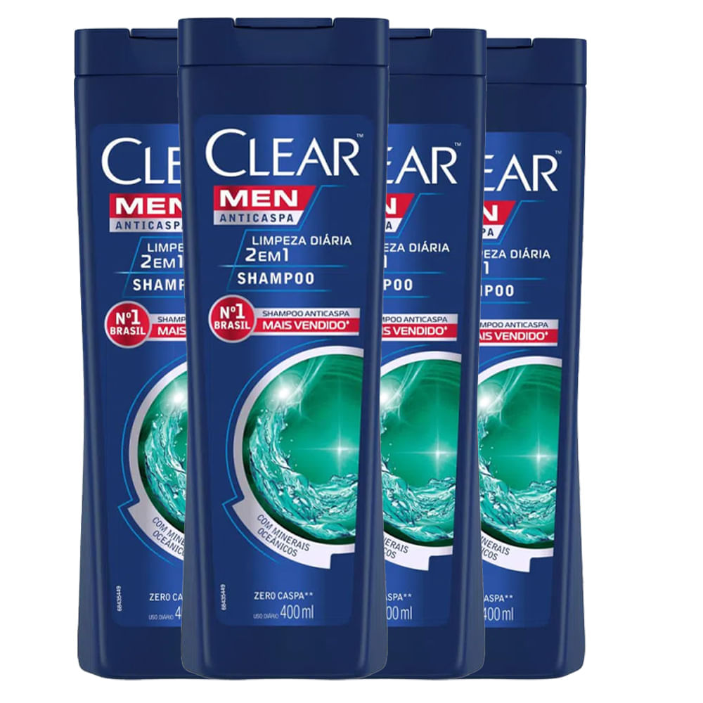 Kit Shampoo Clear Men Anticaspa Limpeza Diária 2 Em 1 400ml  4 Unidades