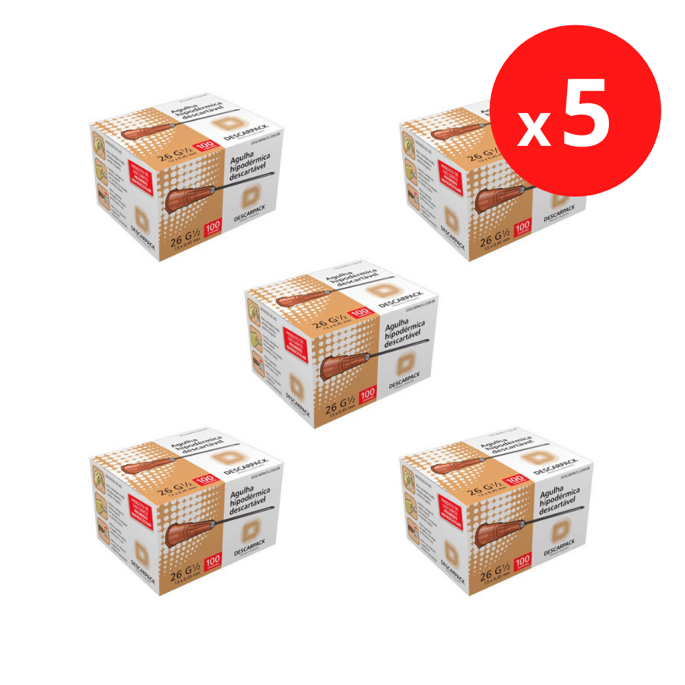 Descarpack Agulha Hipodérmica Descartável Marrom 13x0,45mm (26G 1/2) com 100un - Kit 5un