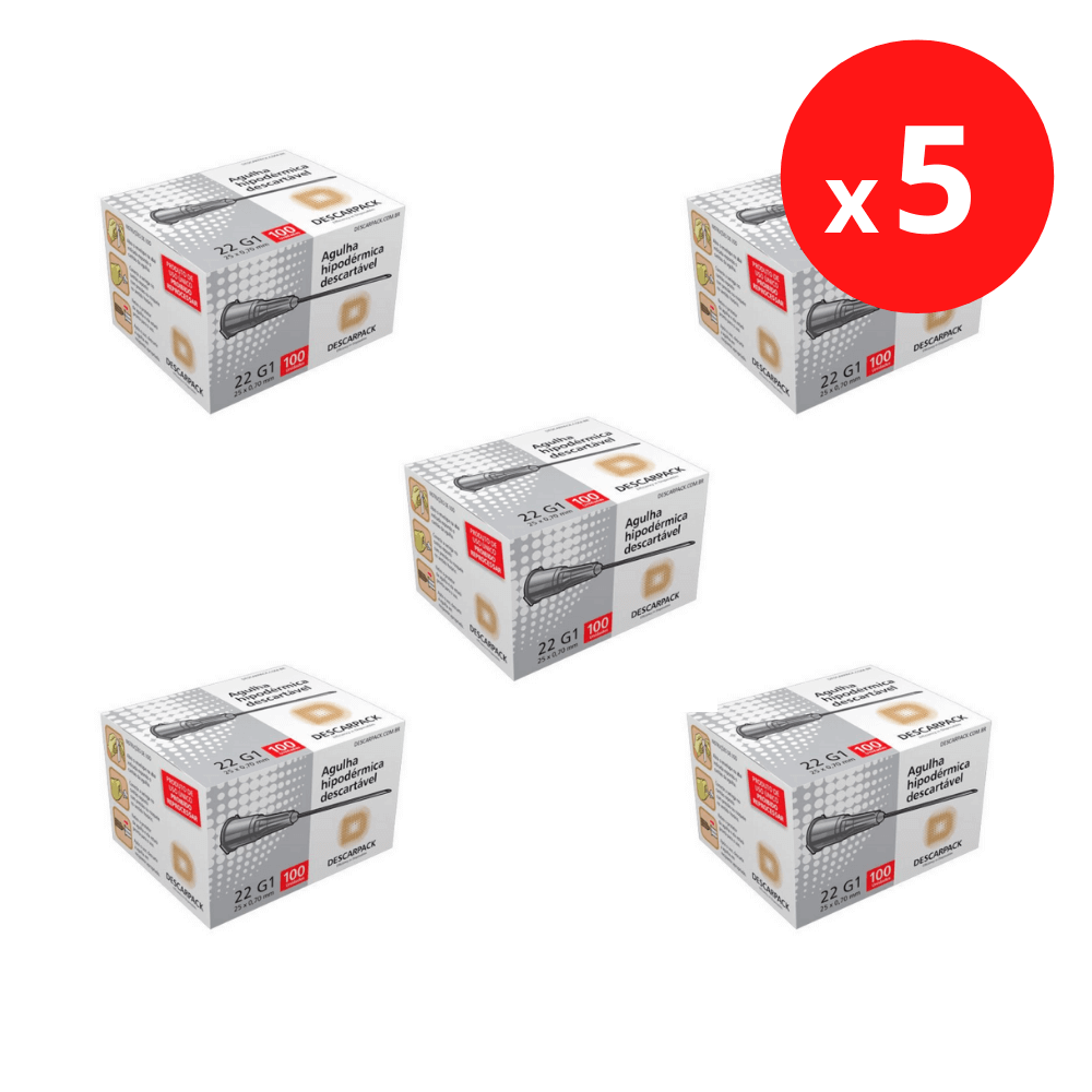 Descarpack Agulha Hipodérmica Descartável Cinza 25x0,7mm (22G 1) com 100un - Kit 5un