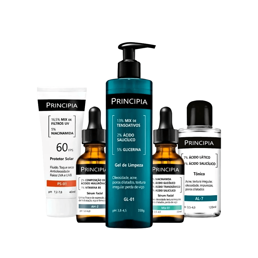 Kit Antiacne Principia Gel de Limpeza + Tônico + Protetor Solar + Sérum AH-2 + Sérum Mix 01