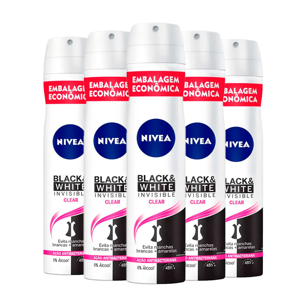 Kit Desodorante Aerosol Nívea Black & White Feminino 200ml - 5 Unidades