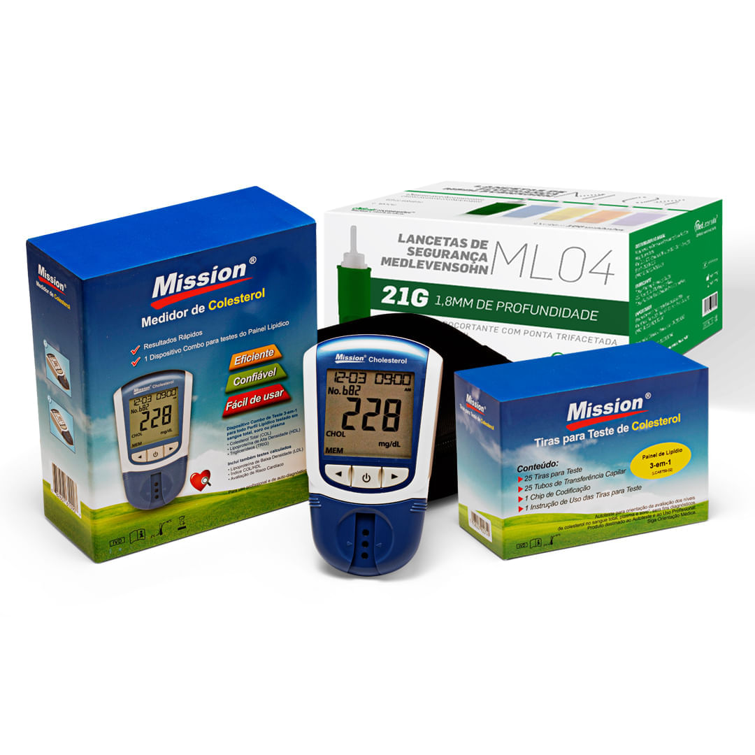 Monitor Lipídico Mission + 25 Tiras De Colesterol + 100 Lancetas Nr32 21g