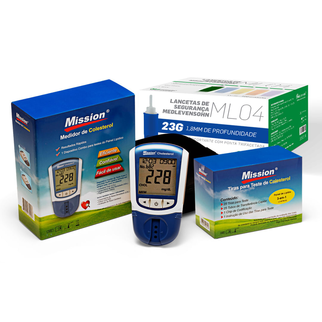 Monitor Lipídico Mission + 25 Tiras De Colesterol + 100 Lancetas Nr32 23g