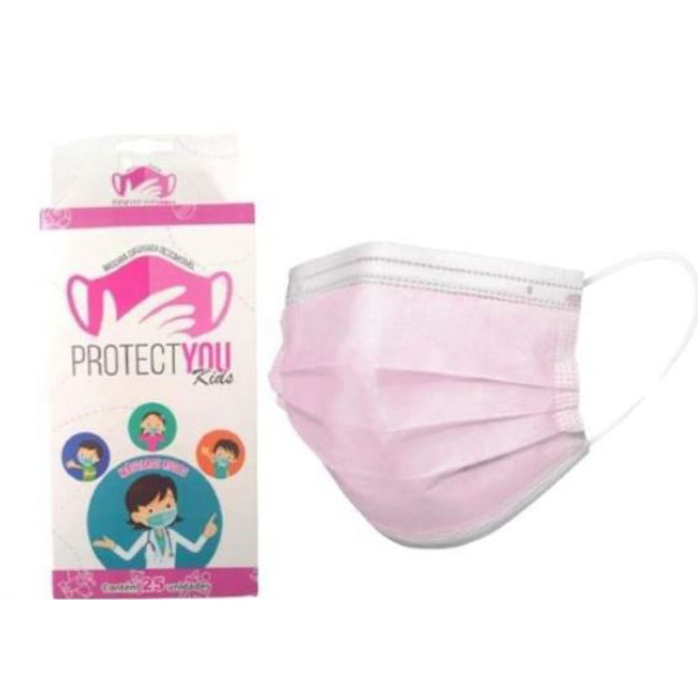 Máscara Cirúrgica Descartável Tripla Proteção Infantil Rosa Caixa Com 25 Unidades Protect You Kids