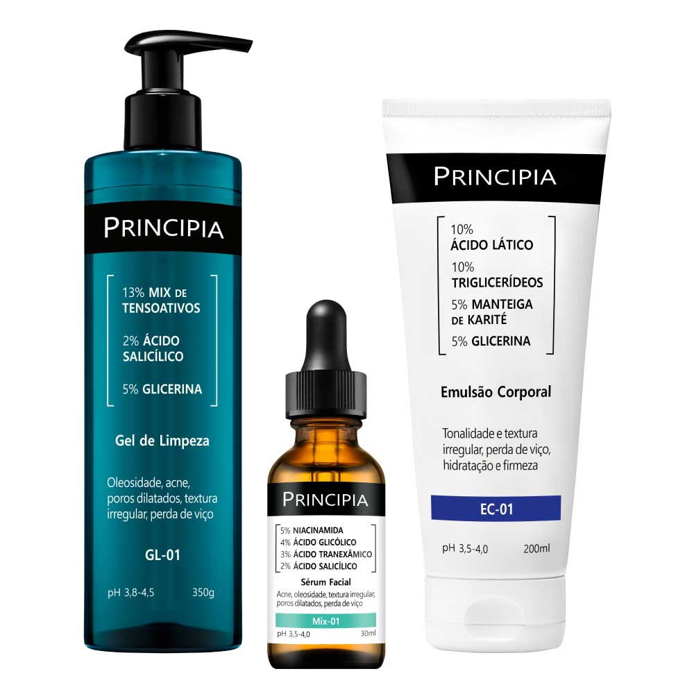 Kit Anti Acne Principia Gel de Limpeza 350g + Emulsão Corporal 200ml + Sérum MIx-01 30ml
