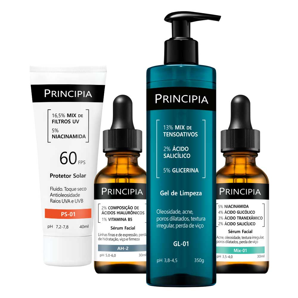 Kit Anti Acne Principia Protetor Solar 40ml + Gel de Limpeza 350g + 2 Sérum 30ml