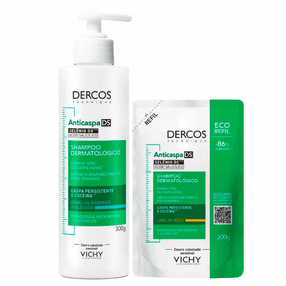 Vichy Dercos Anticaspa DS Kit – Shampoo para Cabelos Secos Refil + Shampoo para Cabelos Normais a Oleosos Kit