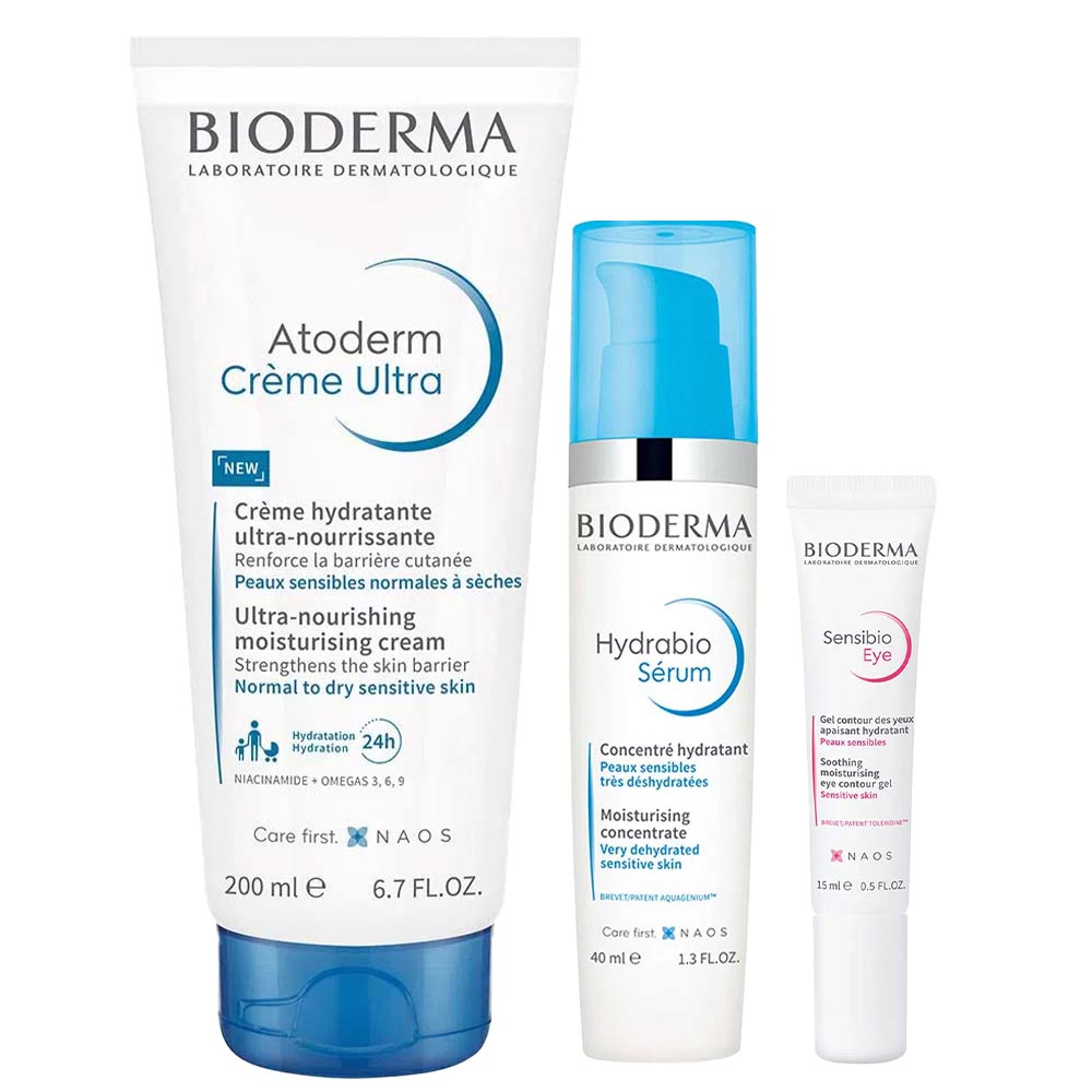 Bioderma Kit - Sérum Hydrabio + Gel Contorno de Olhos Sensibio + Creme Hidratante Atoderm Kit