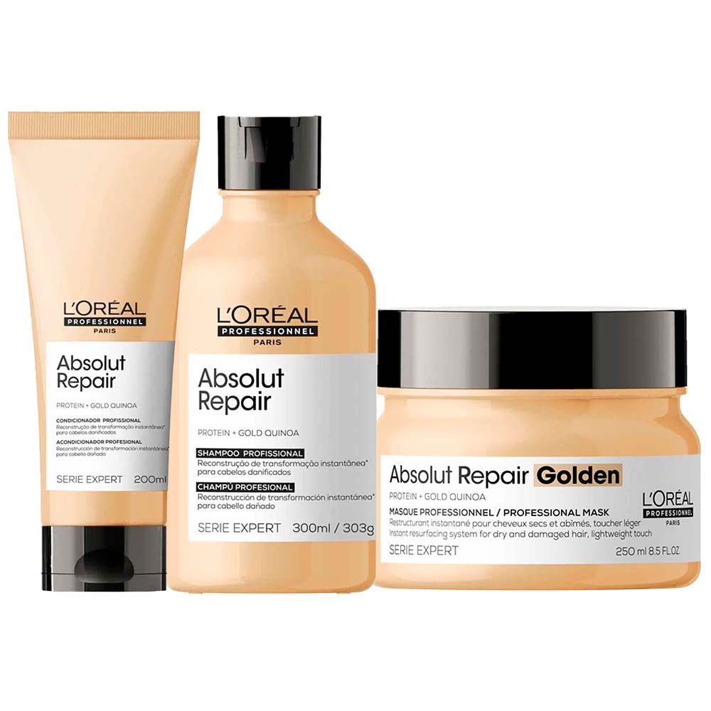 L'oréal Professionnel Absolut Repair Gold Quinoa + Protein Kit – Shampoo + Condicionador + Máscara Light Kit