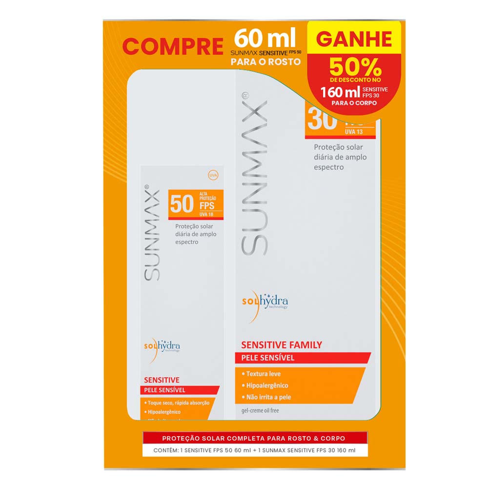 Sunmax Sensitive Kit – Protetor Solar Facial 160ml + Protetor Solar Facial 25ml Fps 50 Kit