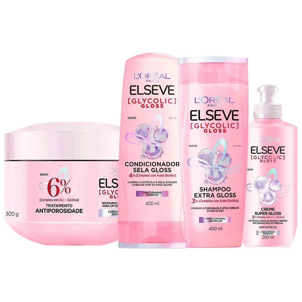 Elseve Glycolic Gloss Kit - Shampoo + Condicionador + Creme de Tratamento + Creme Super Gloss Kit
