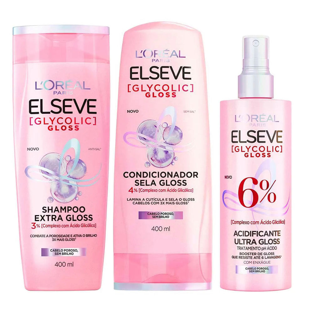 Elseve Glycolic Gloss Kit - Shampoo + Condicionador + Tratamento Acidificante Kit