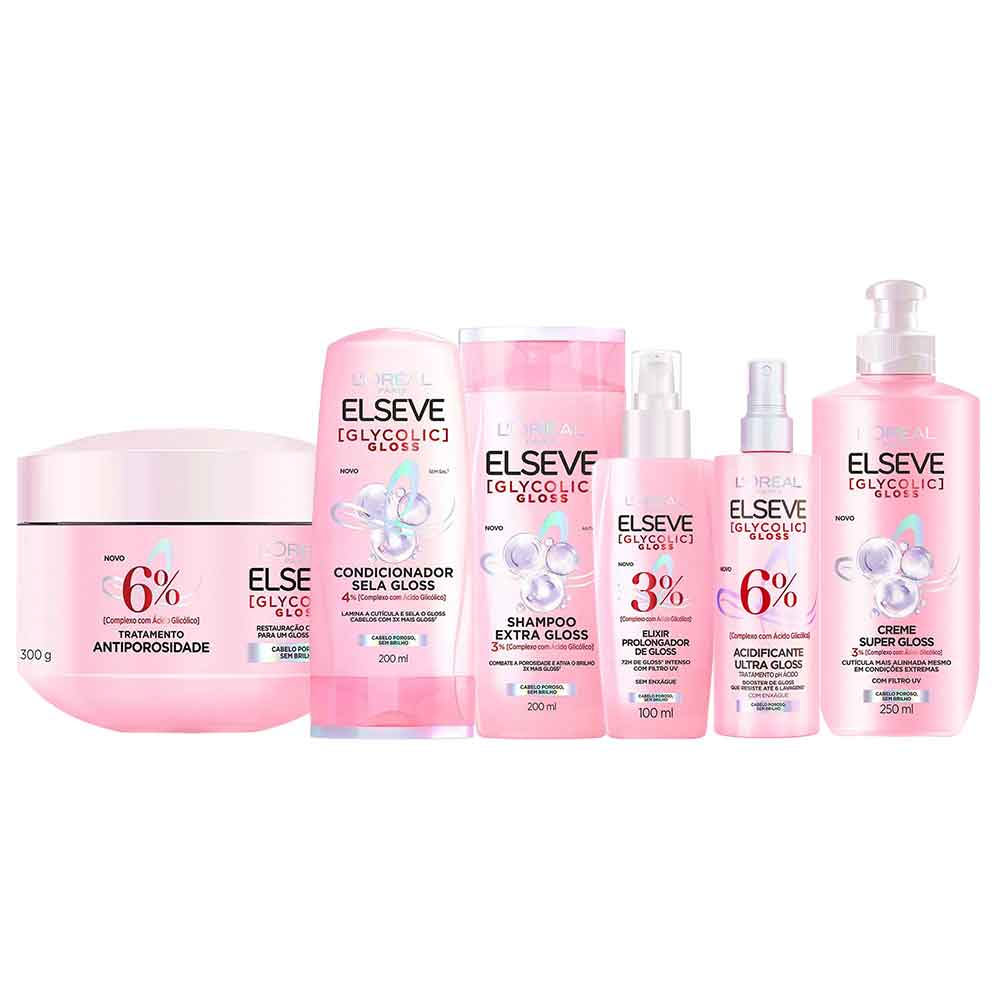 Elseve Glycolic Gloss Kit - Shampoo + Condicionador + Creme Super + Sérum + Tratamento + Creme Antiporosidade Kit