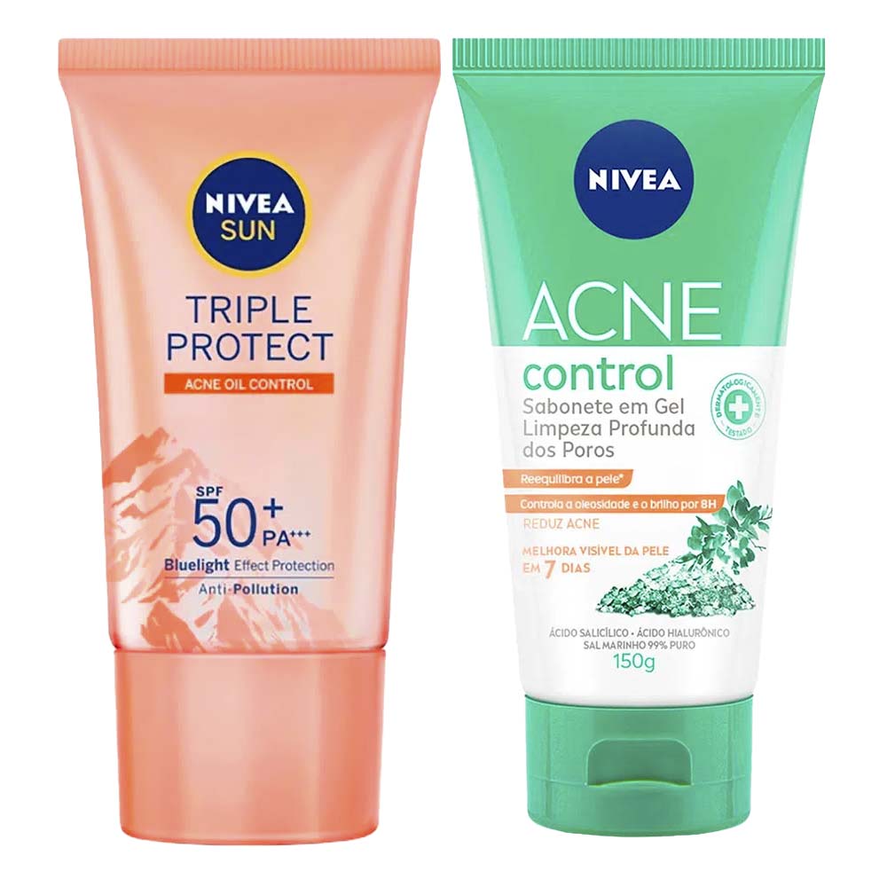 NIVEA Kit – Protetor Solar Facial Sun Triple Protect Antiacne FPS50 40ml + Sabonete Facial em Gel Acne Control Limpeza Profunda 150ml Kit