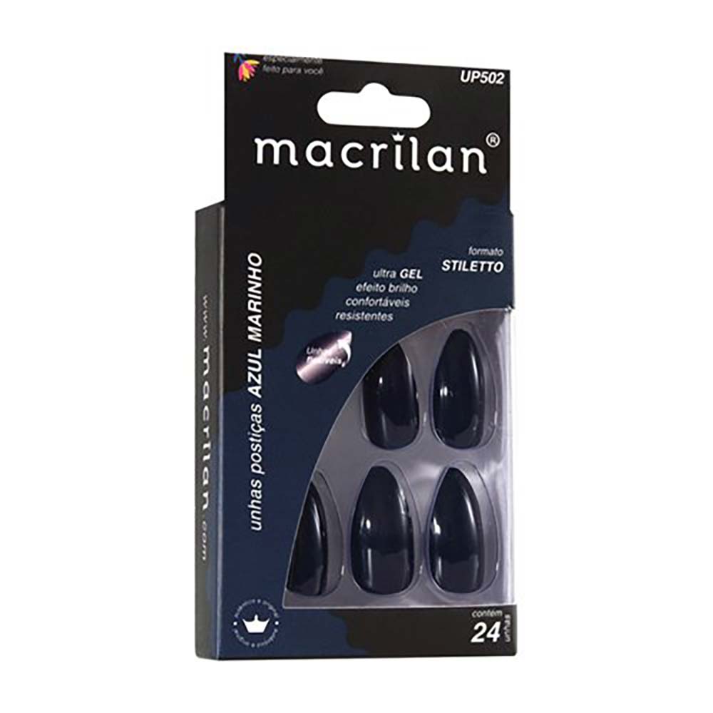 Unhas Postiças Macrilan Estilo Stiletto Azul Marinho UP502