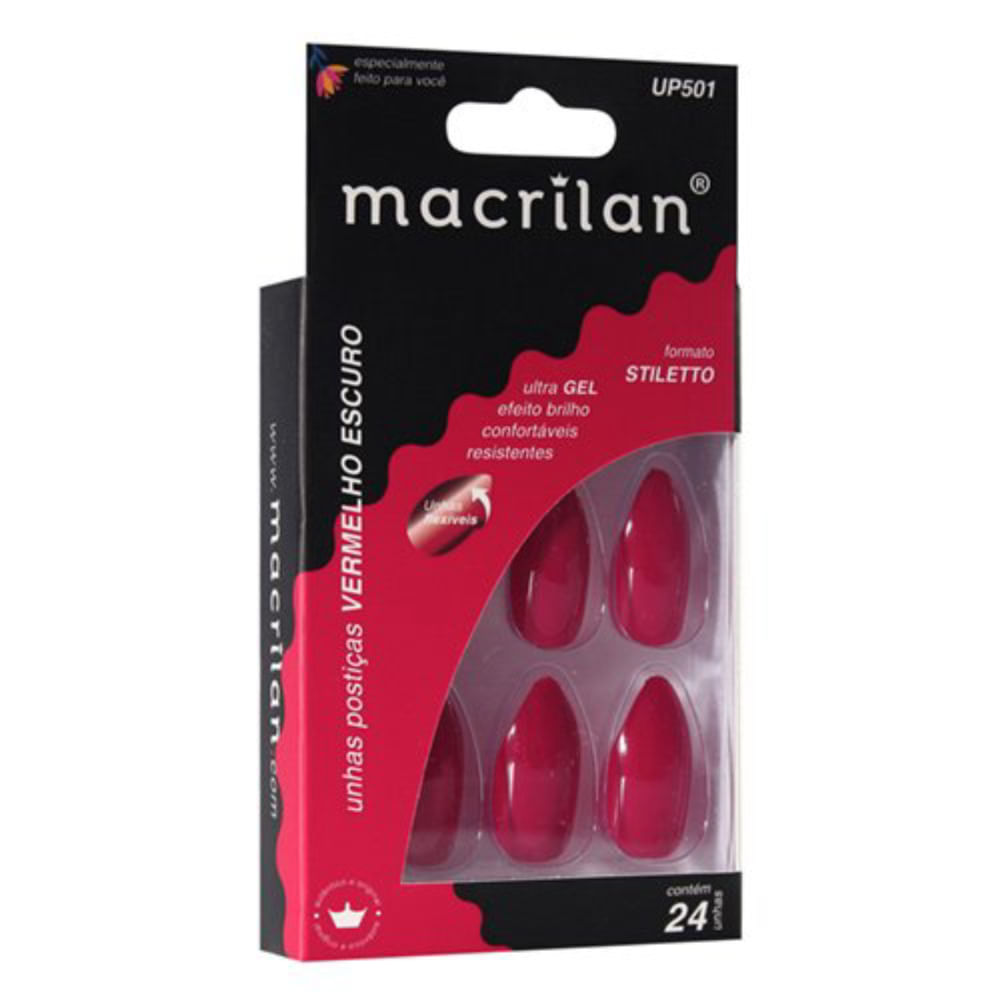 Unhas Postiças Macrilan Estilo Stiletto Vermelho Escuro UP501