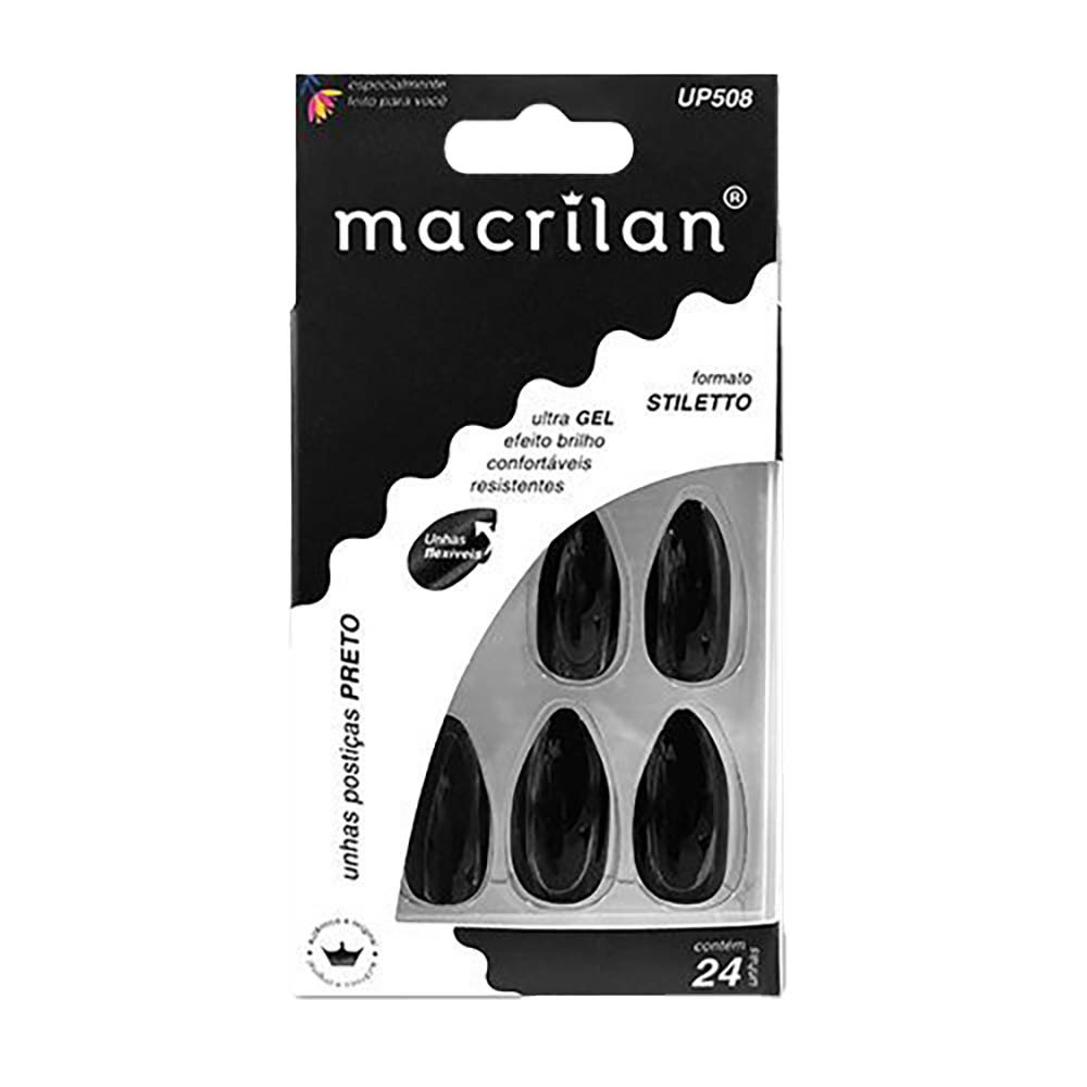 Unhas Postiças Macrilan Estilo Stiletto Preto UP508