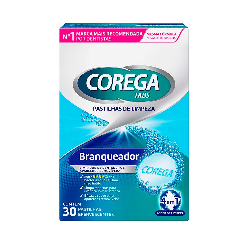 Pastilhas De Limpeza para Próteses e Aparelhos Removíveis Corega Tabs Branqueador 30 Un