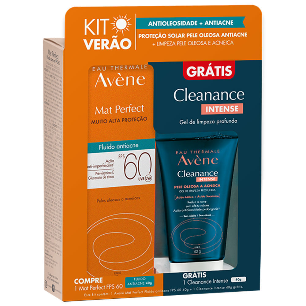 Avène Verão Kit – Protetor Solar Facial Mat Perfect Fluido Antiacne FPS60 40g + Gel de Limpeza Facial Profunda Cleanance Intense 40g