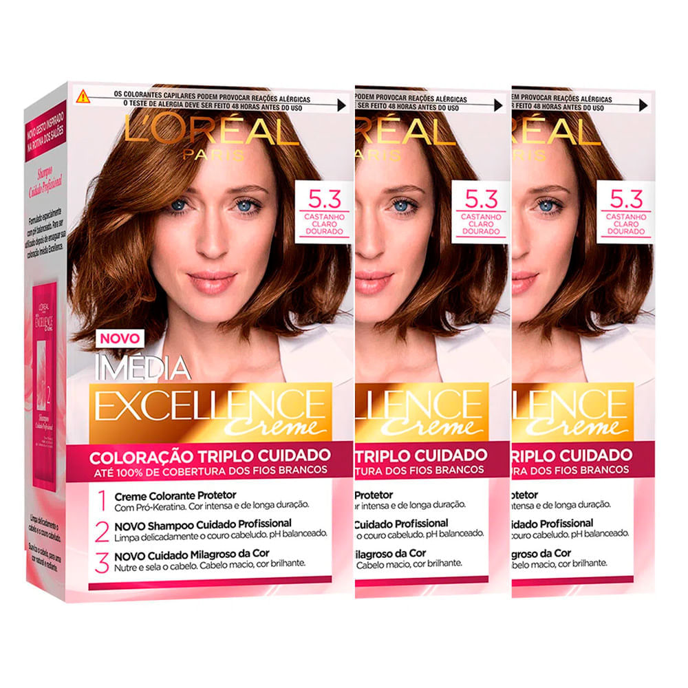 L’Oréal Paris Coloração Imédia Excellence Kit 5.3 Cast. Cl. Dourado Kit 3 Unidades