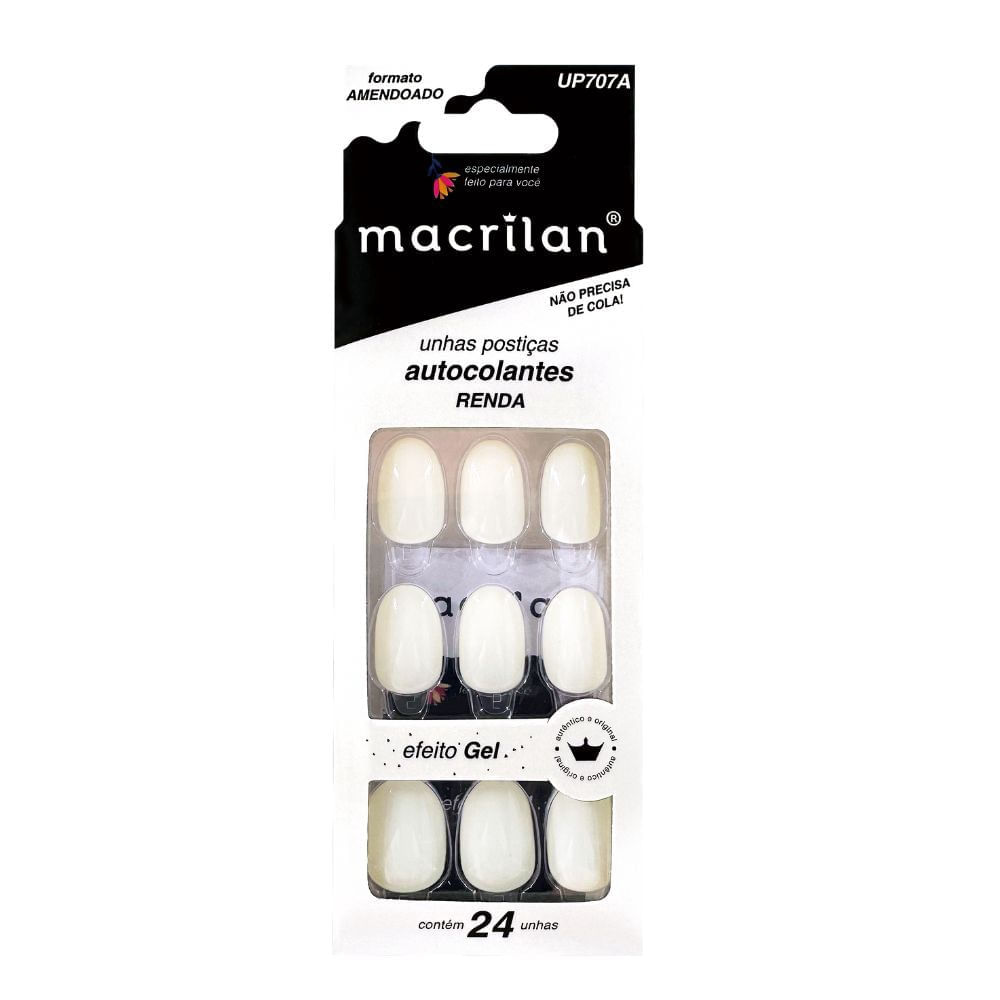 Unhas Postiças Autocolantes Macrilan Tamanho Médio Formato Amendoado Renda Up707a