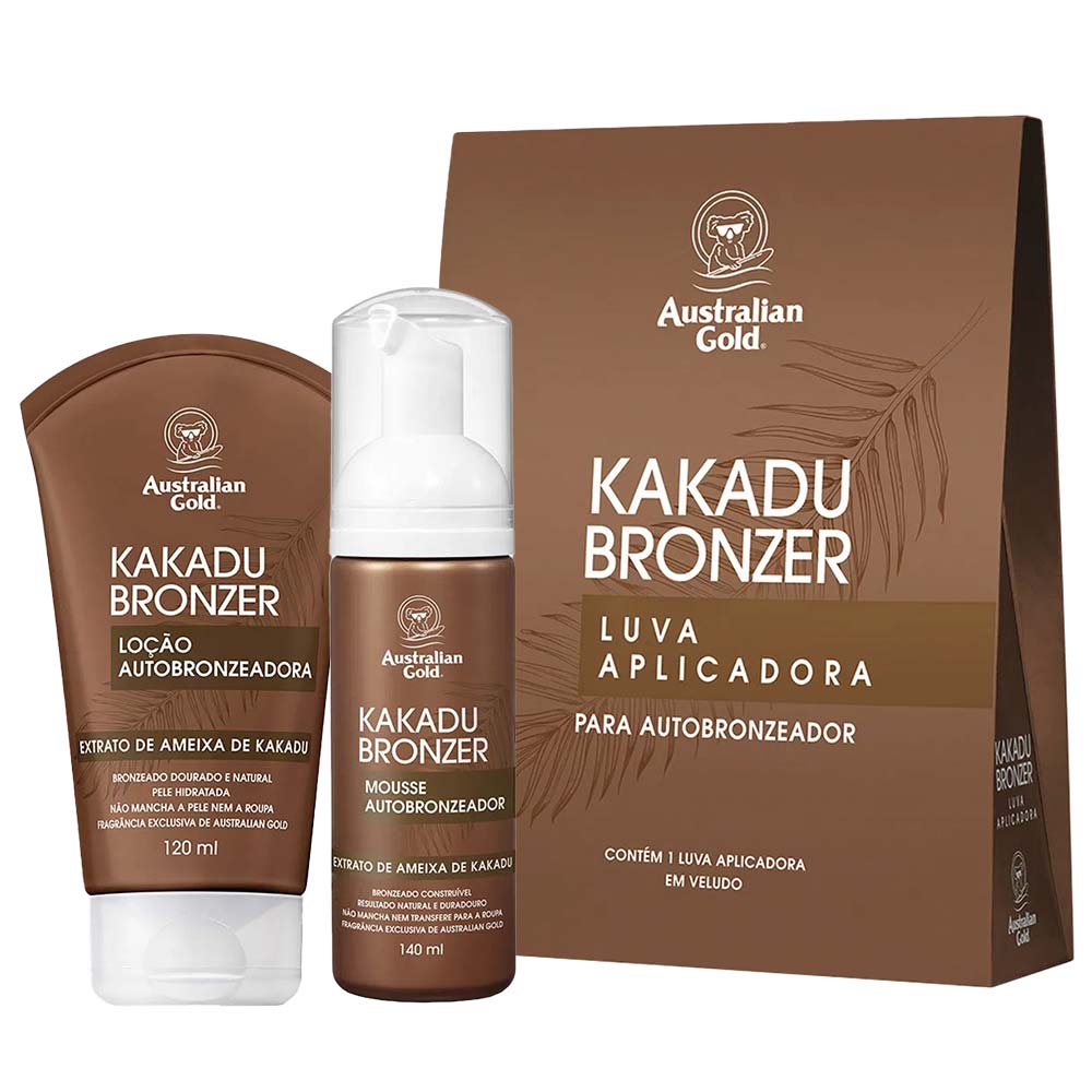 Australian Gold Kakadu Bronzer Kit – Mousse Autobronzeador 140ml + Loção Autobronzeadora 120ml + Luva Aplicadora