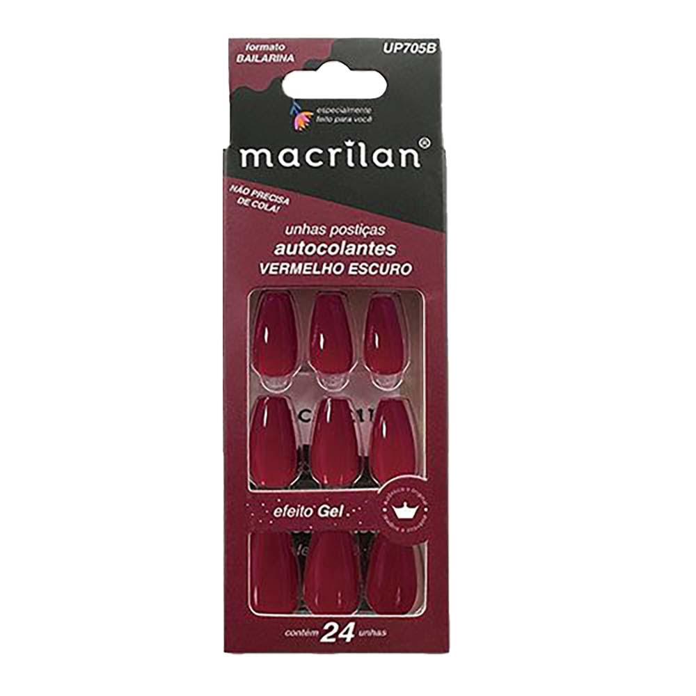 Unhas Postiças Macrilan Autocolantes Tamanho Médio Formato Bailarina Vermelho Escuro Up705b