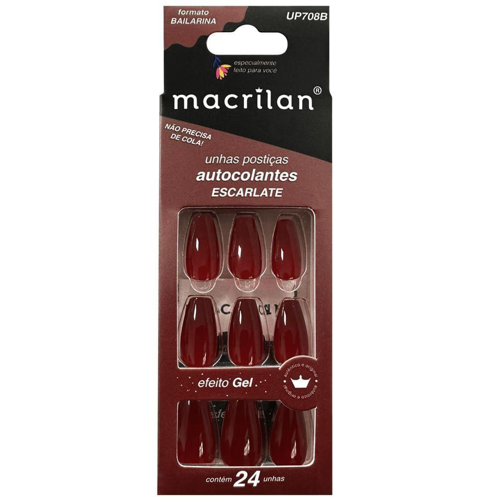 Unhas Postiças Macrilan Autocolantes Tamanho Médio Formato Bailarina Escarlate Up708b