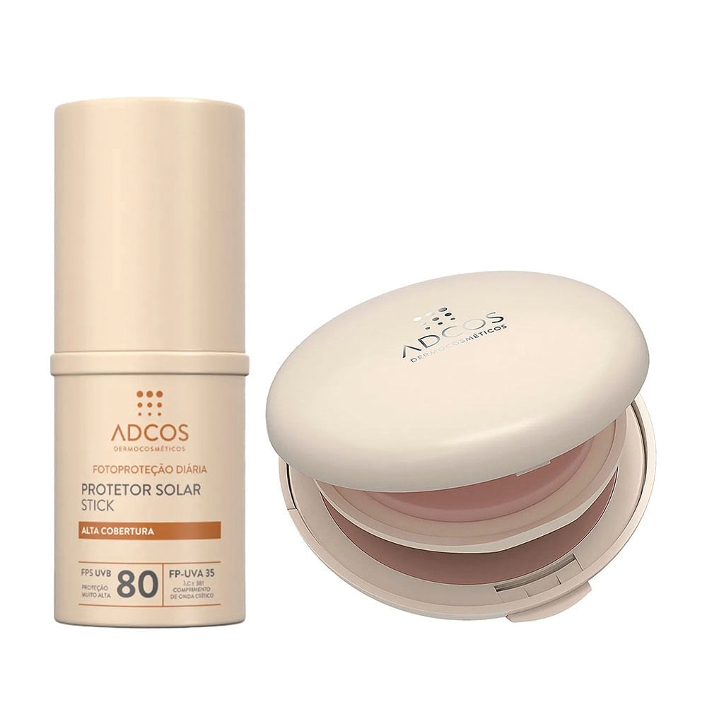 Adcos Kit Protetor Solar Em Pó Com Cor Fps50 + Protetor Solar Stick Com Cor  Fps80 Para Todos Os Tipos De Pele