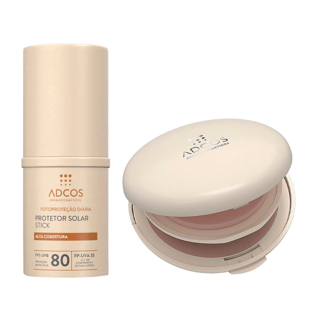 Adcos Kit Protetor Solar em Pó com Cor FPS50 + Protetor Solar Stick com Cor  FPS80 para Todos os Tipos de Pele