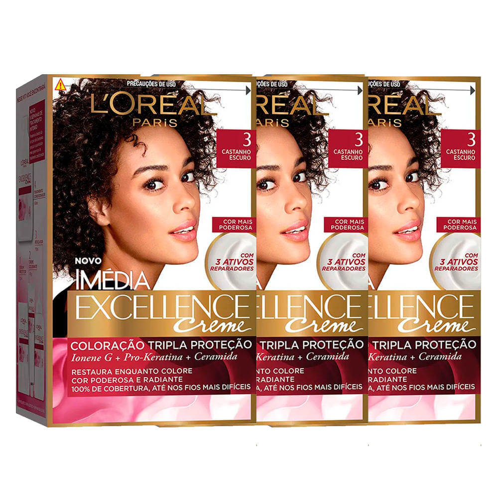 L'oréal Paris Coloração Imédia Excellence 3 Cast. Escuro Kit 3 Unidades