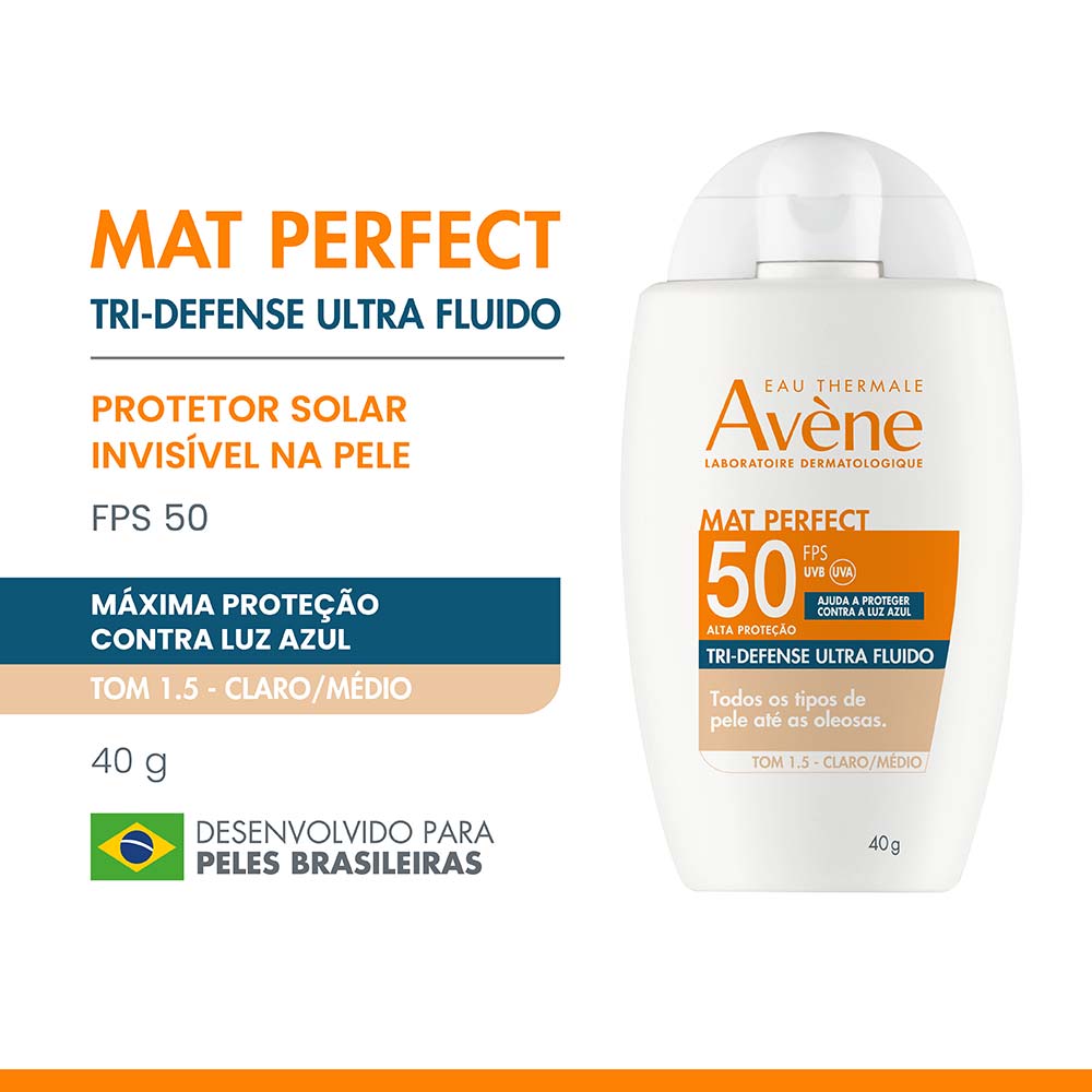 Protetor Solar Facial Com Cor Avène Mat Perfect Tri-Defense Ultra Fluido FPS 50 1.5 Claro Médio